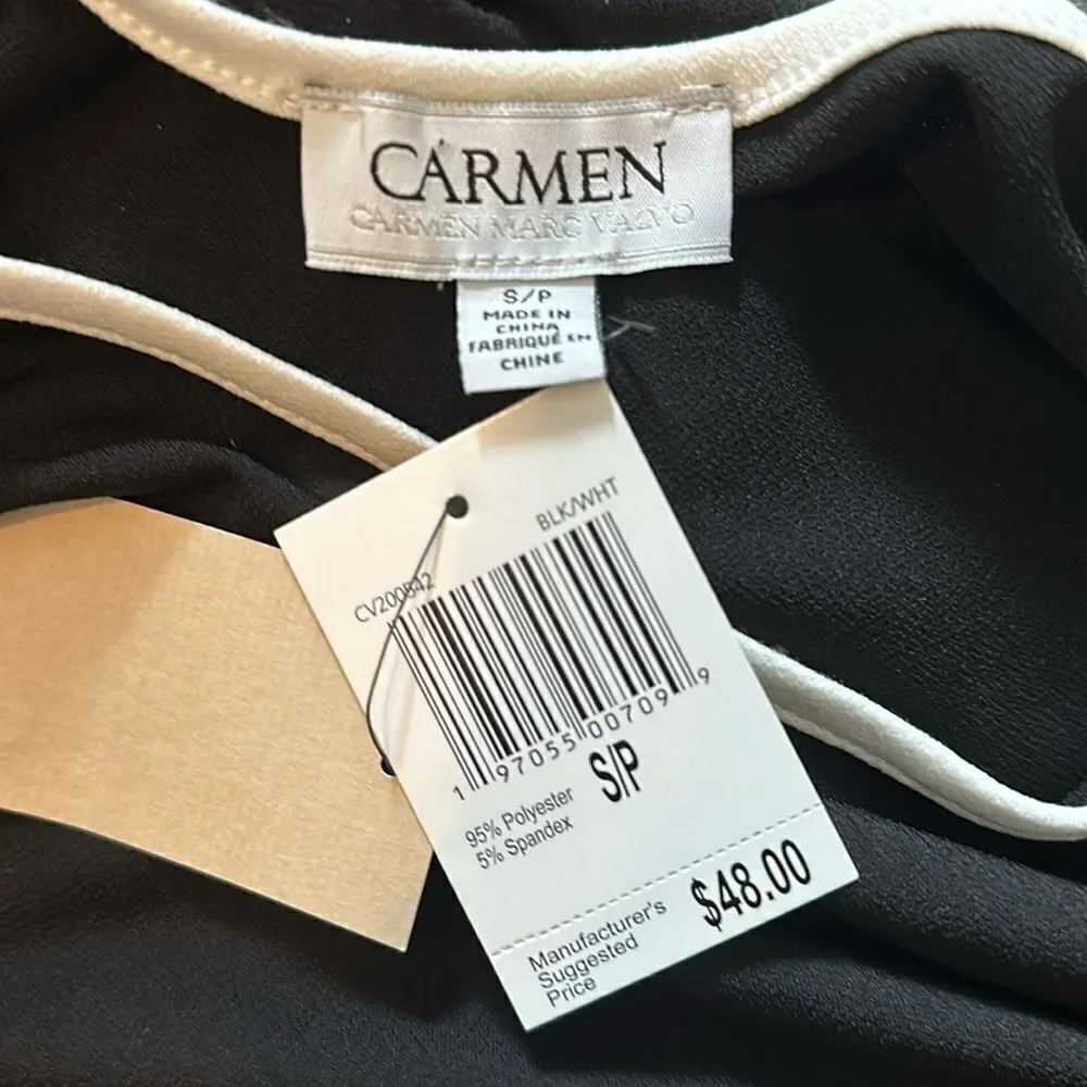 Carmen Marc Valvo Black White Peep Shoulder Top Shirt Blouse Small S NWT - Picture 4 of 6